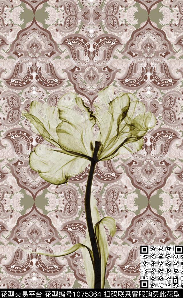 民族风抽象花卉数码印花华亿平台下载（图片编号: 1075364） - 瓦栏（Walan）