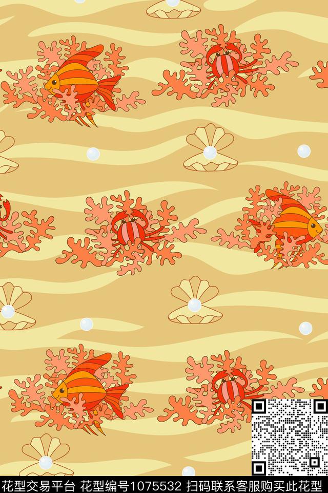 螃蟹珊瑚贝壳数码印花华亿平台下载（图片编号: 1075532） - 瓦栏（Walan）
