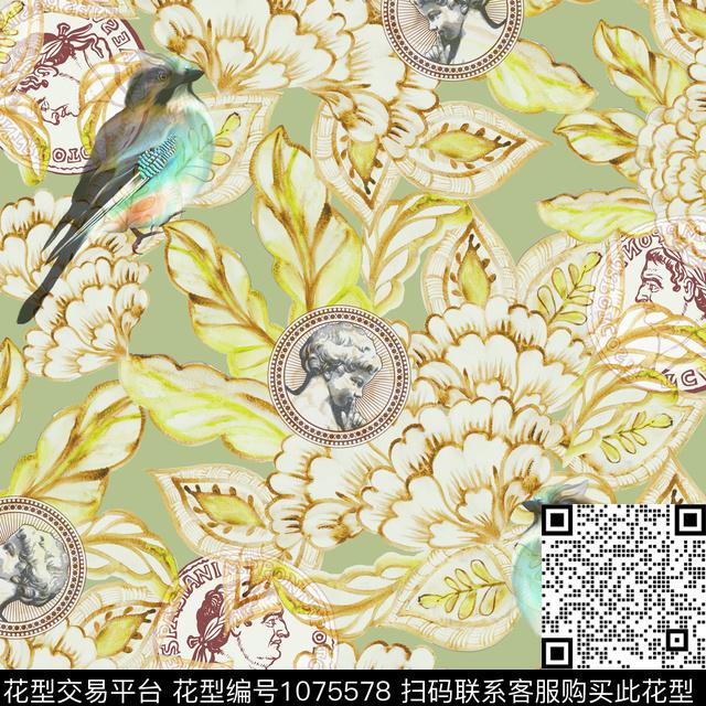 民族风钱币花鸟数码印花华亿平台下载（图片编号: 1075578） - 瓦栏（Walan）