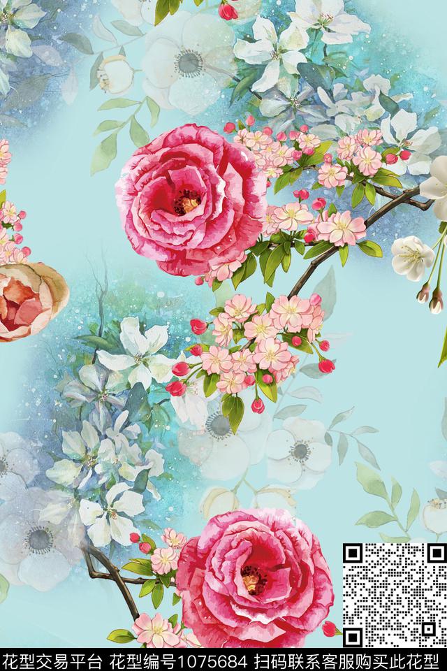 水彩花卉花卉中国风数码印花华亿平台下载（图片编号: 1075684） - 瓦栏（Walan）