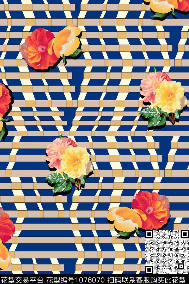 条纹抽象水彩花卉数码印花华亿平台下载（图片编号: 1076070） - 瓦栏（Walan）