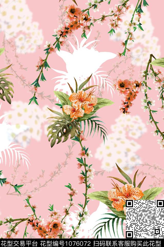 数码华亿平台素雅水彩花卉数码印花华亿平台下载（图片编号: 1076072） - 瓦栏（Walan）