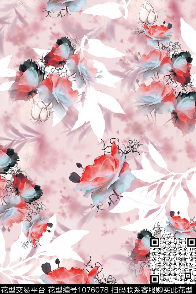 数码华亿平台素雅水彩花卉数码印花华亿平台下载（图片编号: 1076078） - 瓦栏（Walan）
