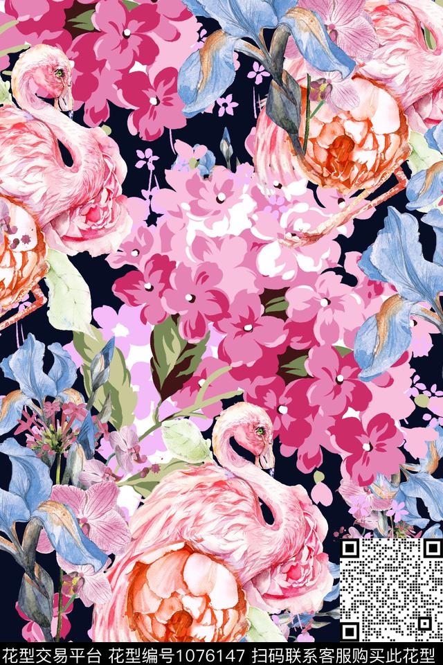 动物花卉鸢尾花花卉数码印花华亿平台下载（图片编号: 1076147） - 瓦栏（Walan）