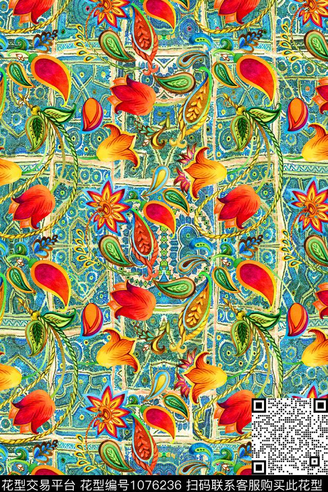 民族风几何复古数码印花华亿平台下载（图片编号: 1076236） - 瓦栏（Walan）