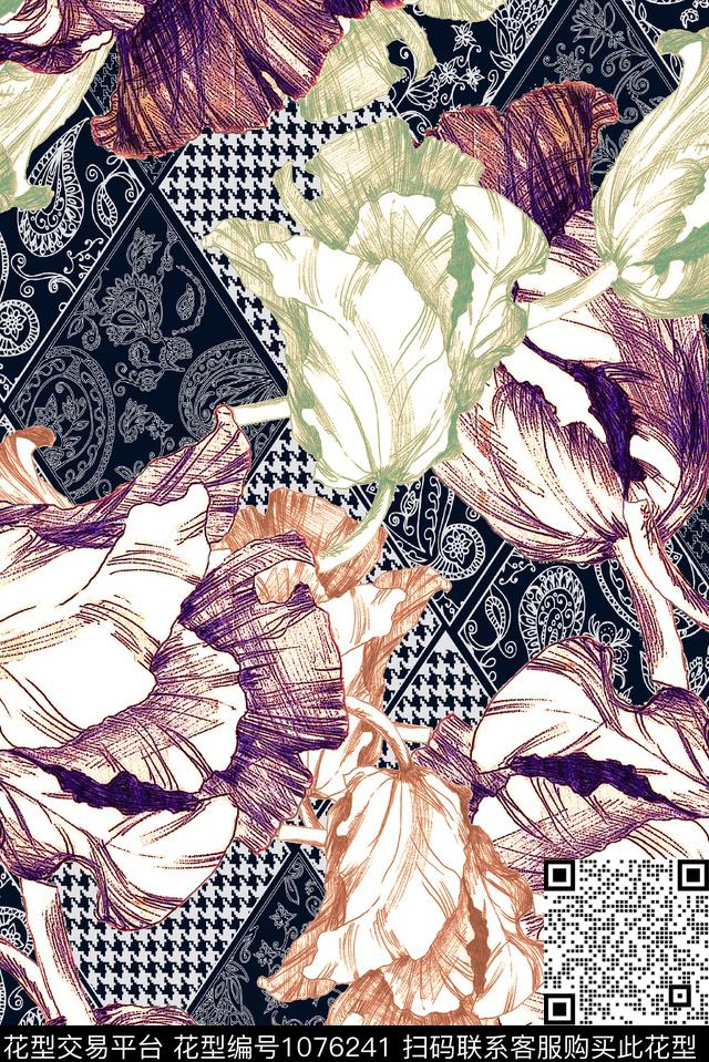 线条花卉手绘花卉数码印花华亿平台下载（图片编号: 1076241） - 瓦栏（Walan）