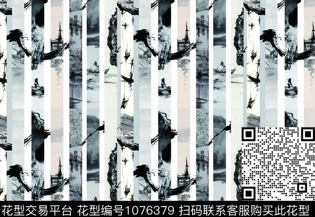 黑白条纹中国风素雅数码印花华亿平台下载（图片编号: 1076379） - 瓦栏（Walan）