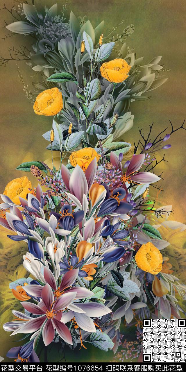 水彩花卉定位花朦胧底纹数码印花华亿平台下载（图片编号: 1076654） - 瓦栏（Walan）