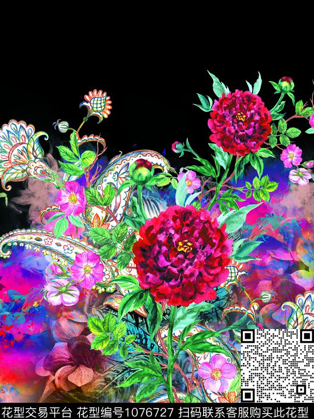 数码华亿平台民族风手绘花卉数码印花华亿平台下载（图片编号: 1076727） - 瓦栏（Walan）