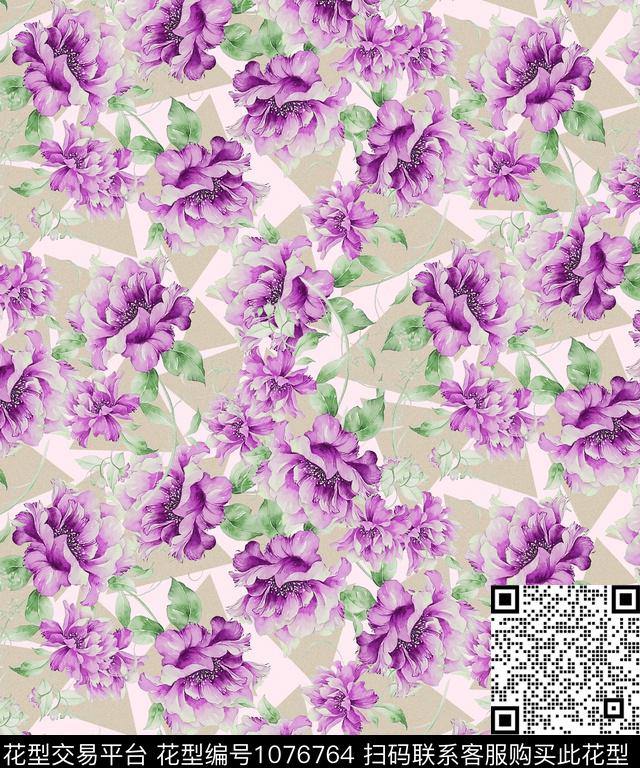 大花牡丹几何花卉数码印花华亿平台下载（图片编号: 1076764） - 瓦栏（Walan）