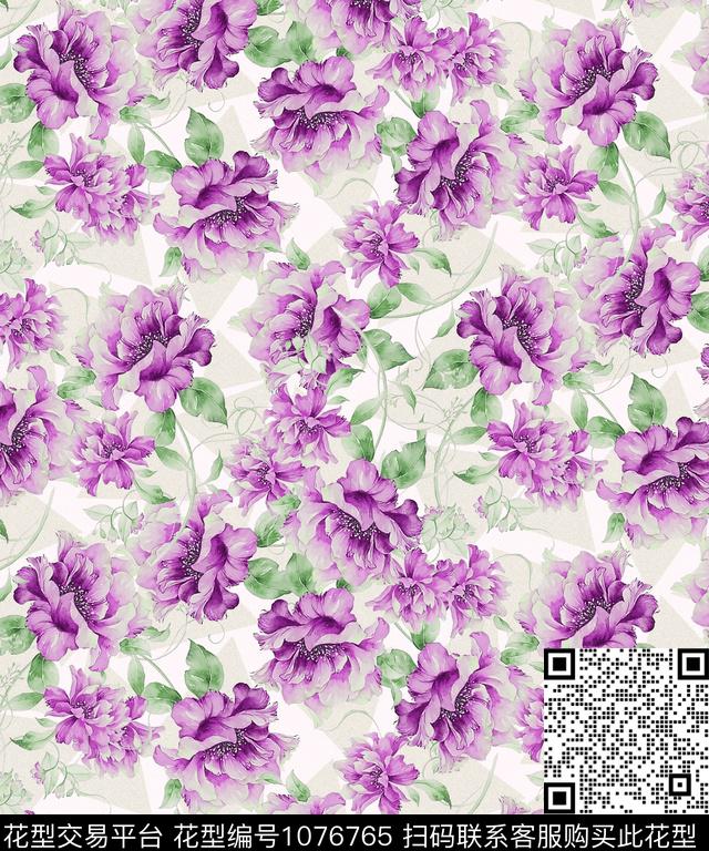 大花牡丹几何花卉数码印花华亿平台下载（图片编号: 1076765） - 瓦栏（Walan）