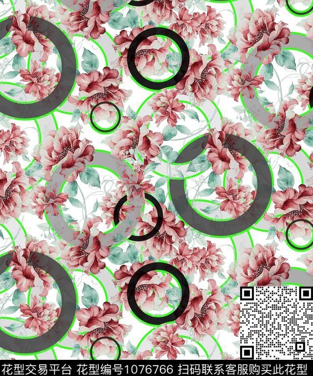 大花牡丹几何花卉数码印花华亿平台下载（图片编号: 1076766） - 瓦栏（Walan）