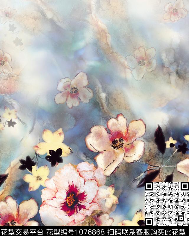 大花朦胧花卉定位花数码印花华亿平台下载（图片编号: 1076868） - 瓦栏（Walan）