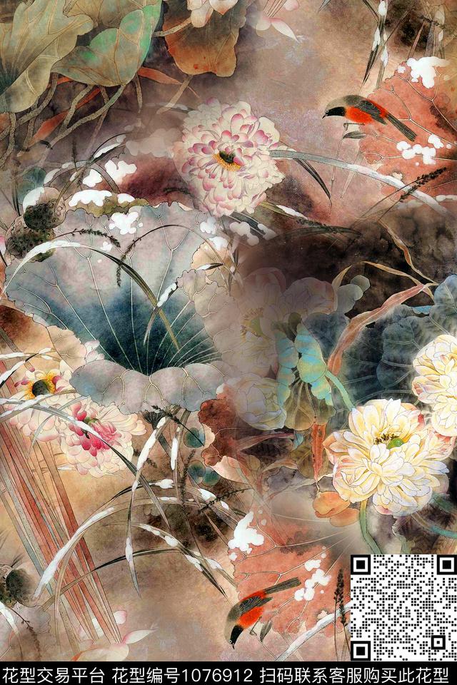 肌理花卉荷花数码印花华亿平台下载（图片编号: 1076912） - 瓦栏（Walan）