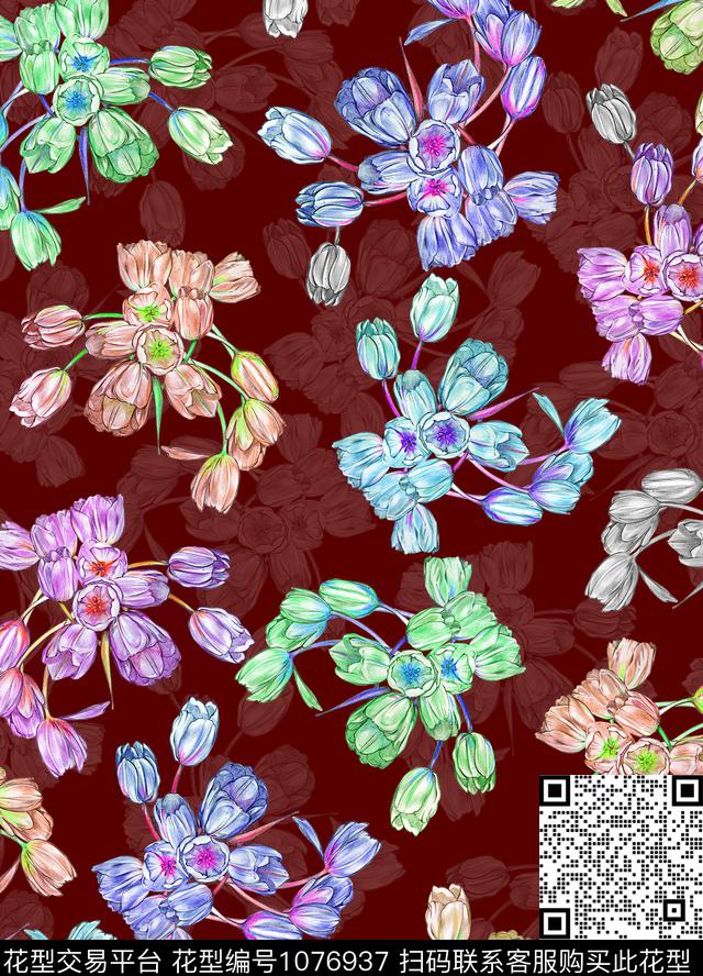 郁金香手绘花卉花卉数码印花华亿平台下载（图片编号: 1076937） - 瓦栏（Walan）
