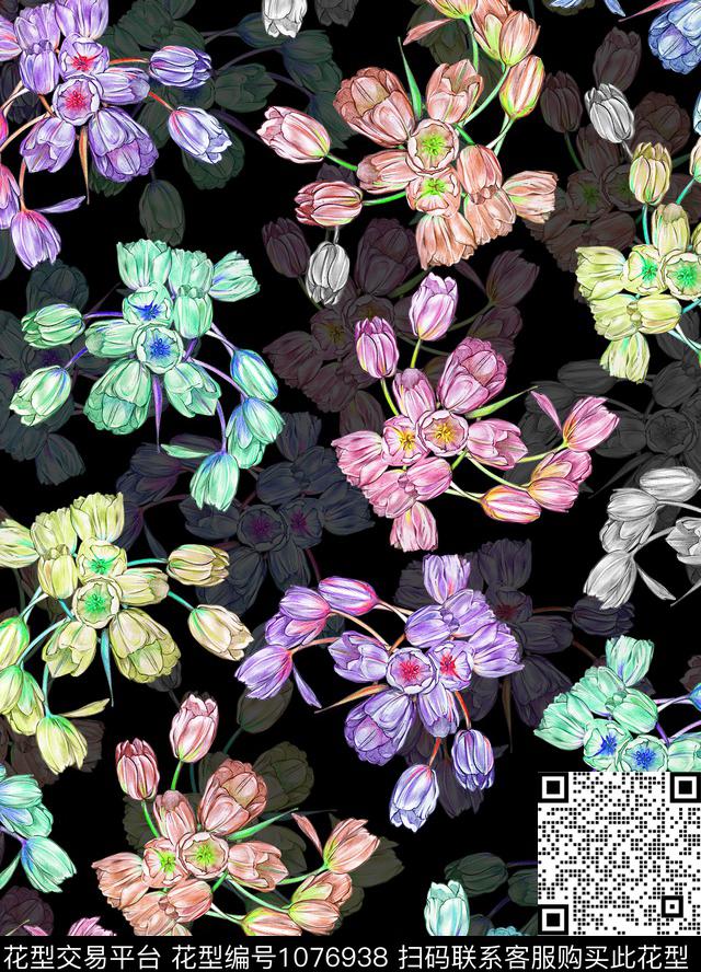 郁金香手绘花卉花卉数码印花华亿平台下载（图片编号: 1076938） - 瓦栏（Walan）