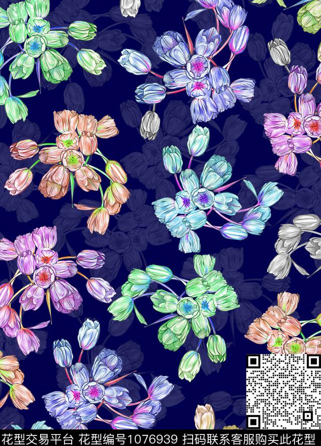 郁金香手绘花卉花卉数码印花华亿平台下载（图片编号: 1076939） - 瓦栏（Walan）