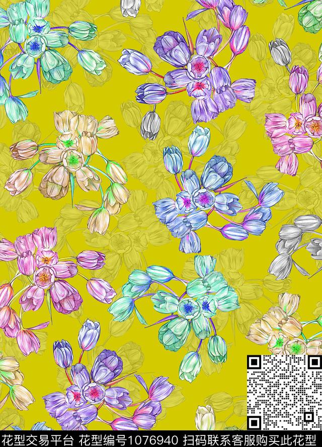 郁金香手绘花卉花卉数码印花华亿平台下载（图片编号: 1076940） - 瓦栏（Walan）
