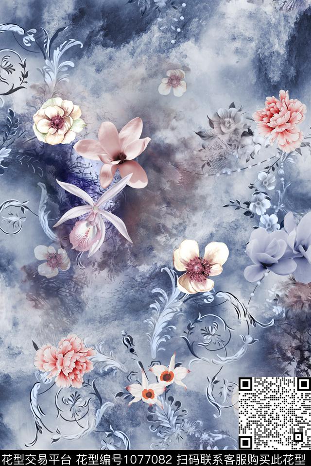 素雅花卉旗袍数码印花华亿平台下载（图片编号: 1077082） - 瓦栏（Walan）