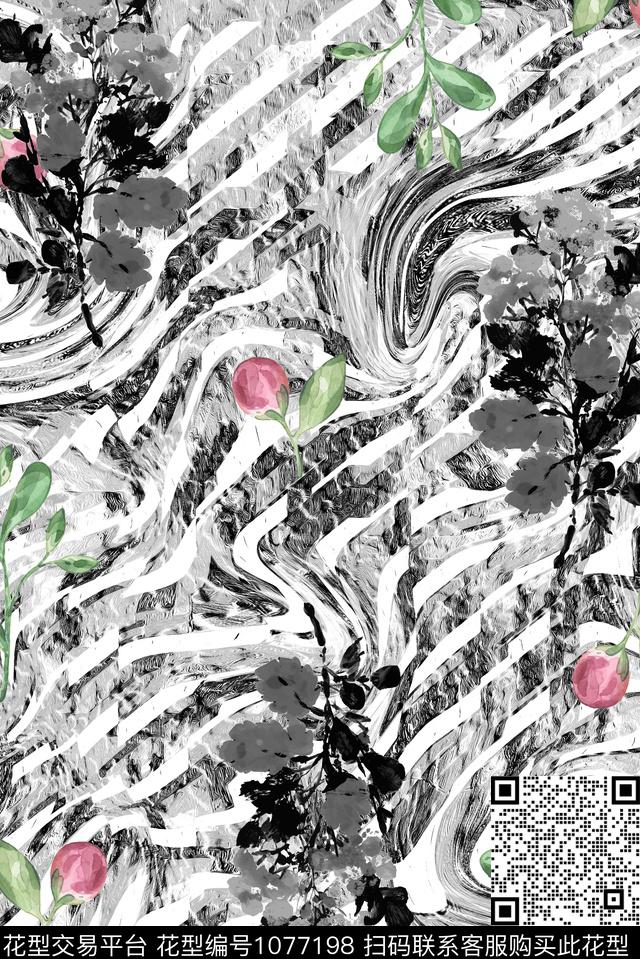 条纹抽象花卉数码印花华亿平台下载（图片编号: 1077198） - 瓦栏（Walan）
