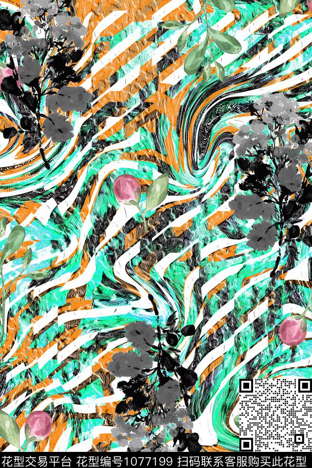 条纹抽象花卉数码印花华亿平台下载（图片编号: 1077199） - 瓦栏（Walan）