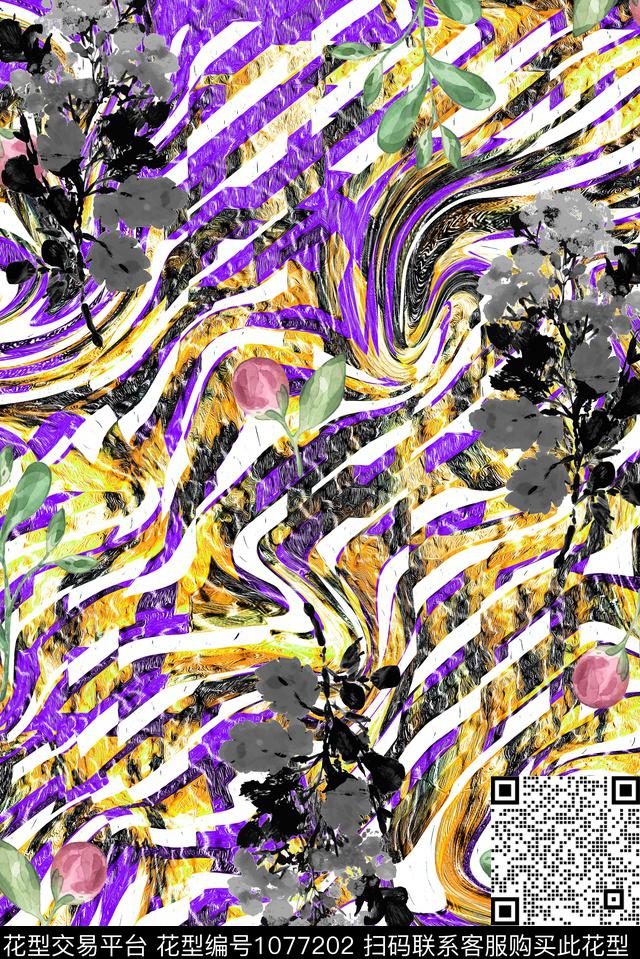 条纹抽象花卉数码印花华亿平台下载（图片编号: 1077202） - 瓦栏（Walan）