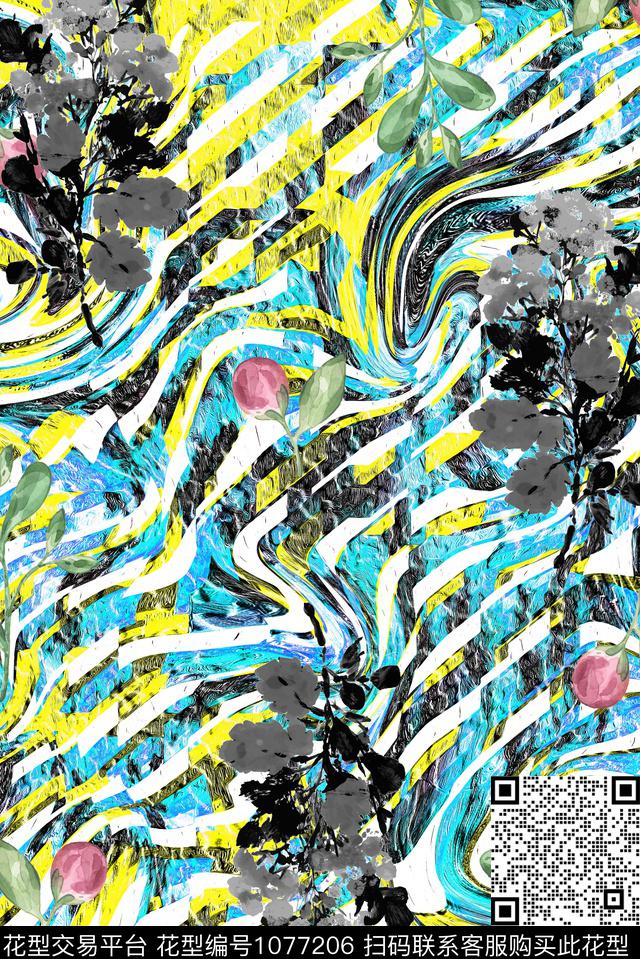 条纹抽象花卉数码印花华亿平台下载（图片编号: 1077206） - 瓦栏（Walan）