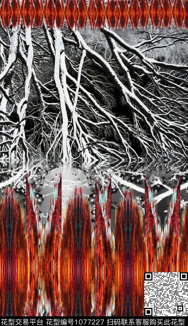 线条笔触水彩花卉数码印花华亿平台下载（图片编号: 1077227） - 瓦栏（Walan）