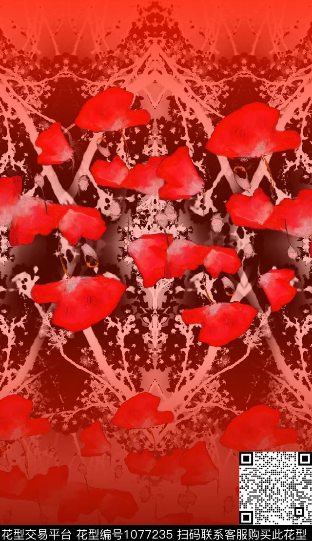 线条笔触水彩花卉数码印花华亿平台下载（图片编号: 1077235） - 瓦栏（Walan）