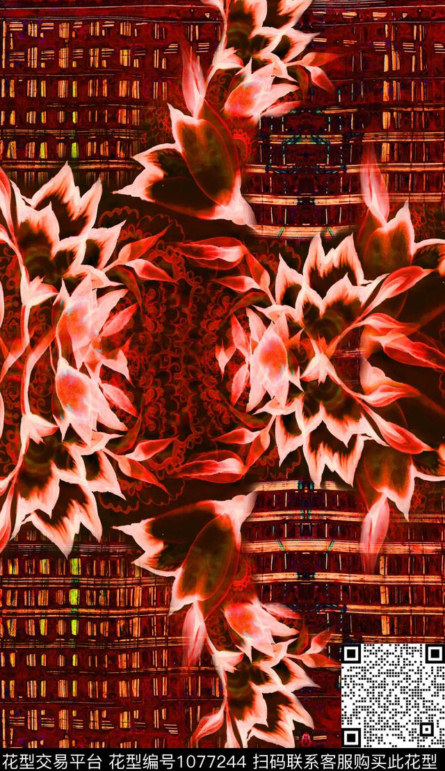花卉几何对称花数码印花华亿平台下载（图片编号: 1077244） - 瓦栏（Walan）