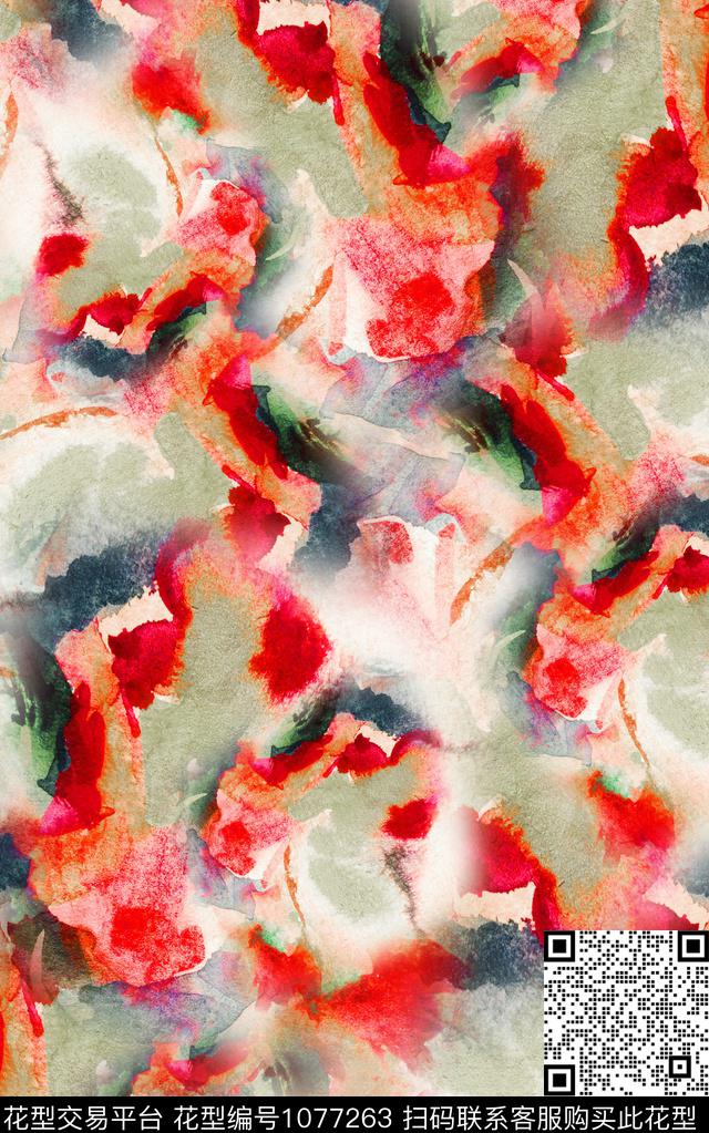 抽象水彩花卉几何数码印花华亿平台下载（图片编号: 1077263） - 瓦栏（Walan）