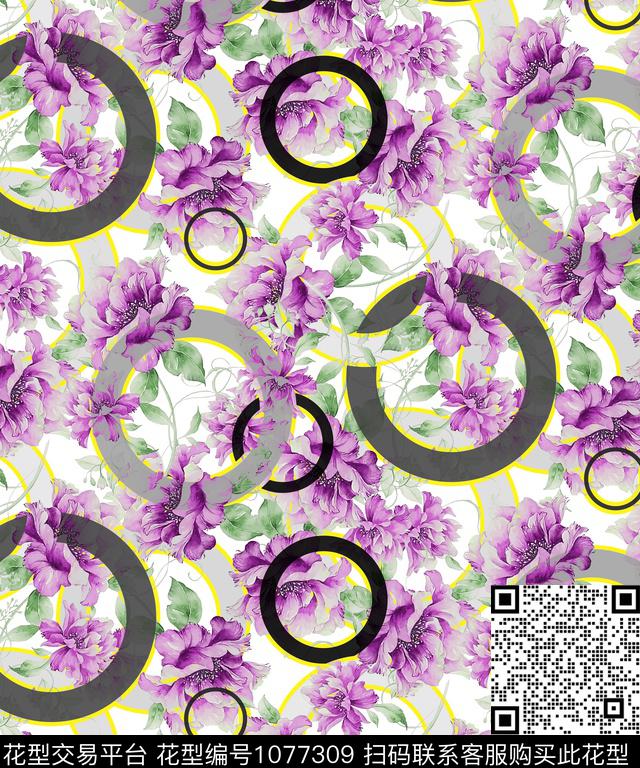 大花牡丹几何花卉数码印花华亿平台下载（图片编号: 1077309） - 瓦栏（Walan）