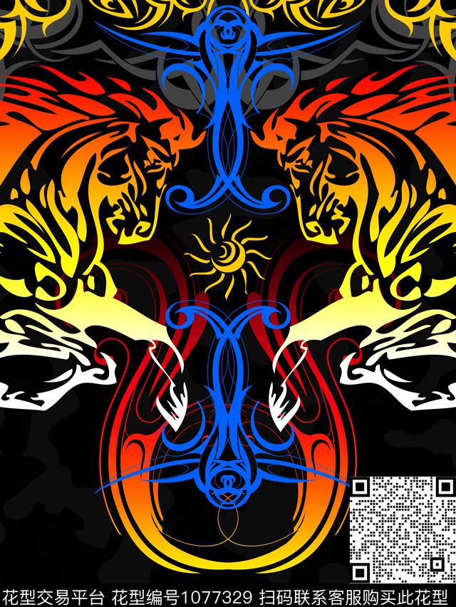 抽象火焰马部落风数码印花华亿平台下载（图片编号: 1077329） - 瓦栏（Walan）