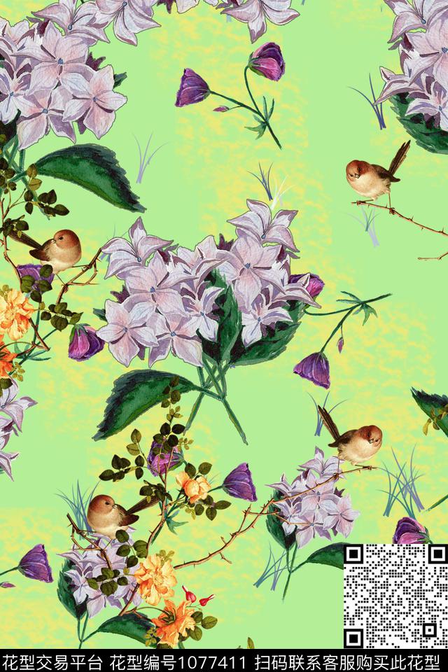 鲜花炫彩鸟/昆虫传统印花华亿平台下载（图片编号: 1077411） - 瓦栏（Walan）