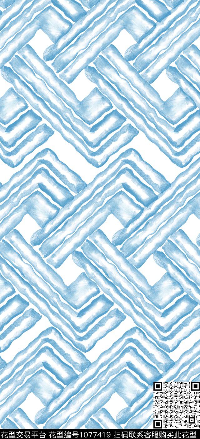 格子几何水彩花卉传统印花华亿平台下载（图片编号: 1077419） - 瓦栏（Walan）