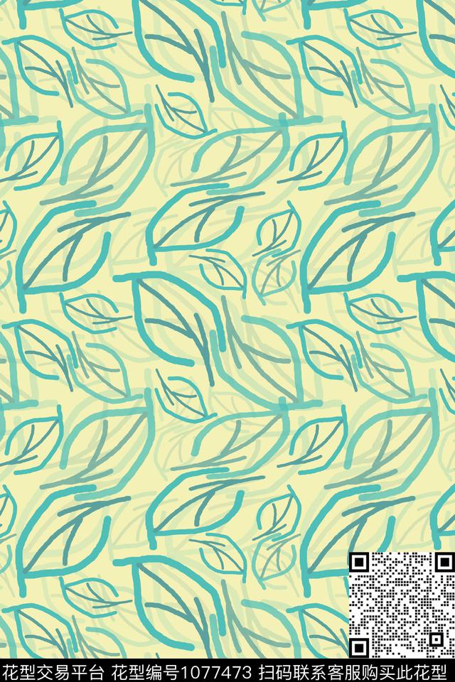绿植树叶签字笔印花手绘线条笔触传统印花华亿平台下载（图片编号: 1077473） - 瓦栏（Walan）