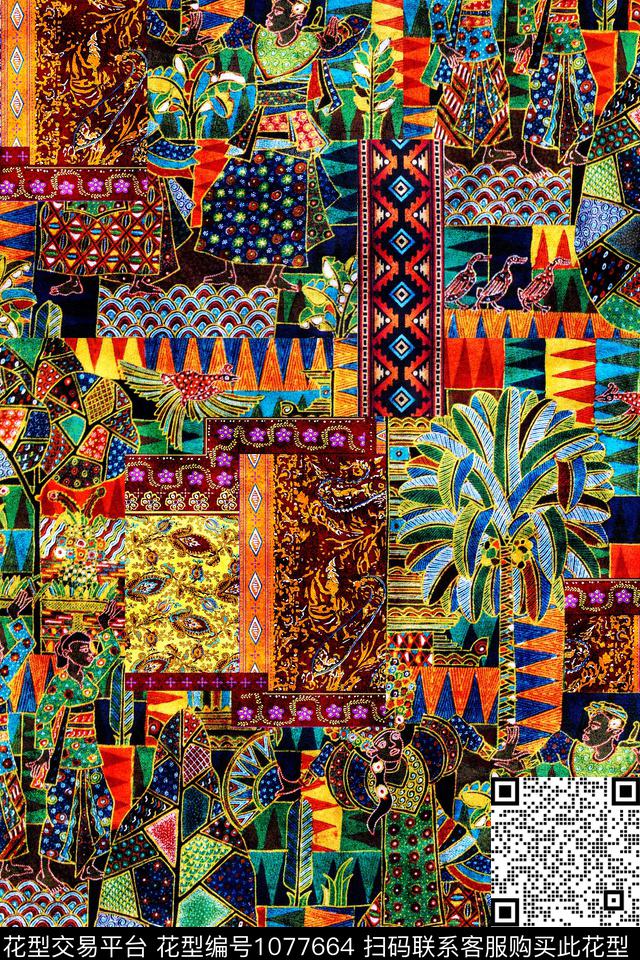 民族风格子几何数码印花华亿平台下载（图片编号: 1077664） - 瓦栏（Walan）