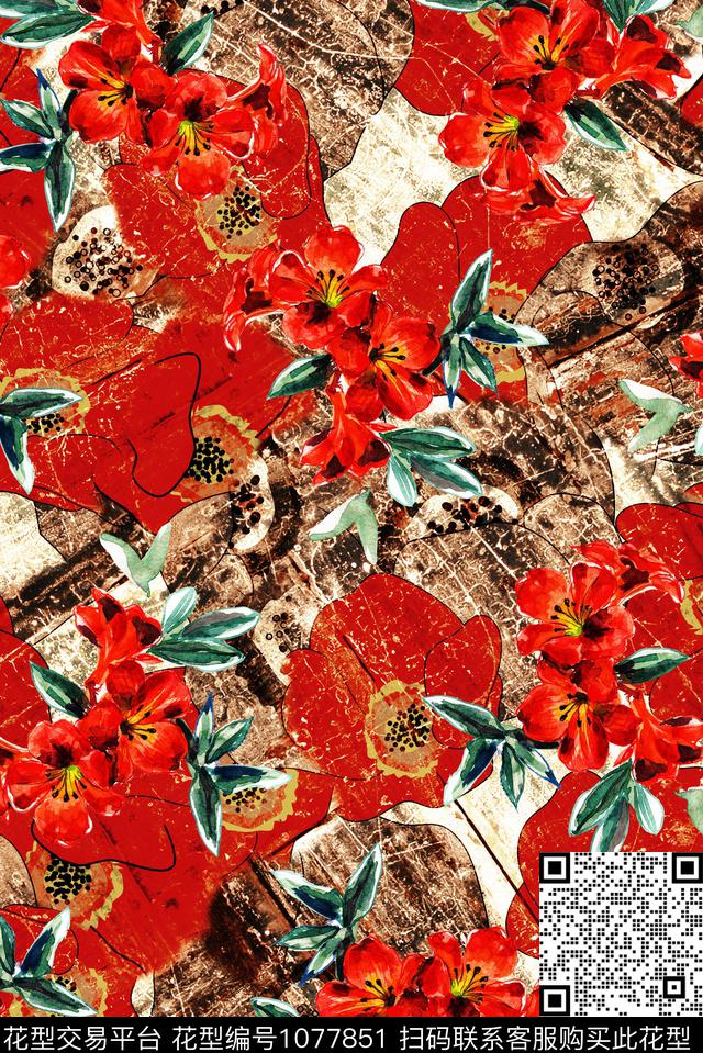 数码华亿平台民族风花卉数码印花华亿平台下载（图片编号: 1077851） - 瓦栏（Walan）