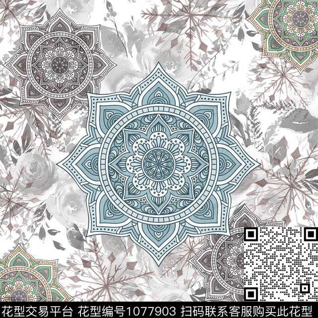 曼陀罗民族风抽象数码印花华亿平台下载（图片编号: 1077903） - 瓦栏（Walan）