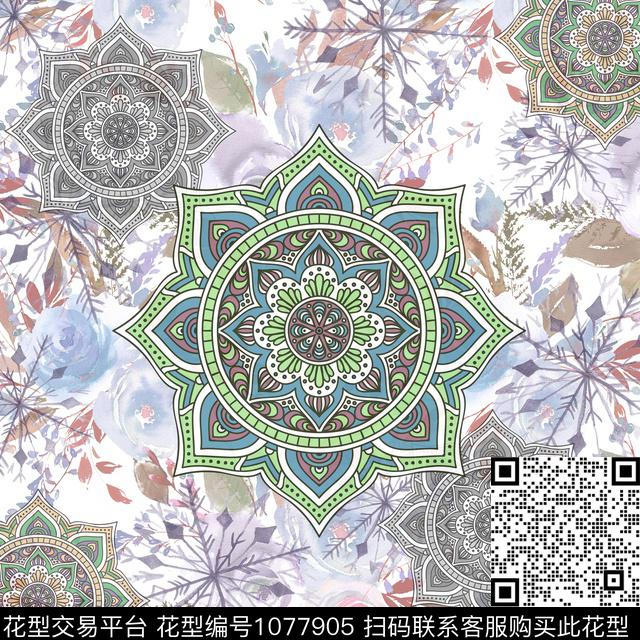 曼陀罗民族风抽象数码印花华亿平台下载（图片编号: 1077905） - 瓦栏（Walan）