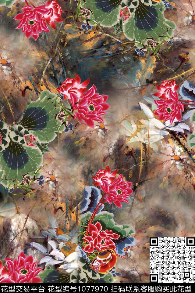 数码华亿平台水彩花卉香云纱数码印花华亿平台下载（图片编号: 1077970） - 瓦栏（Walan）