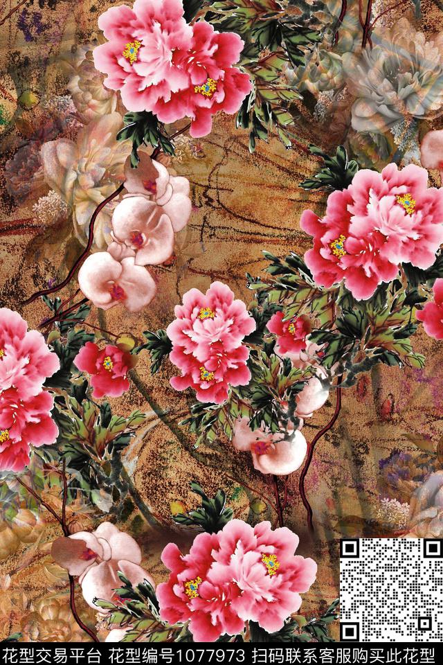 数码华亿平台水彩花卉香云纱数码印花华亿平台下载（图片编号: 1077973） - 瓦栏（Walan）