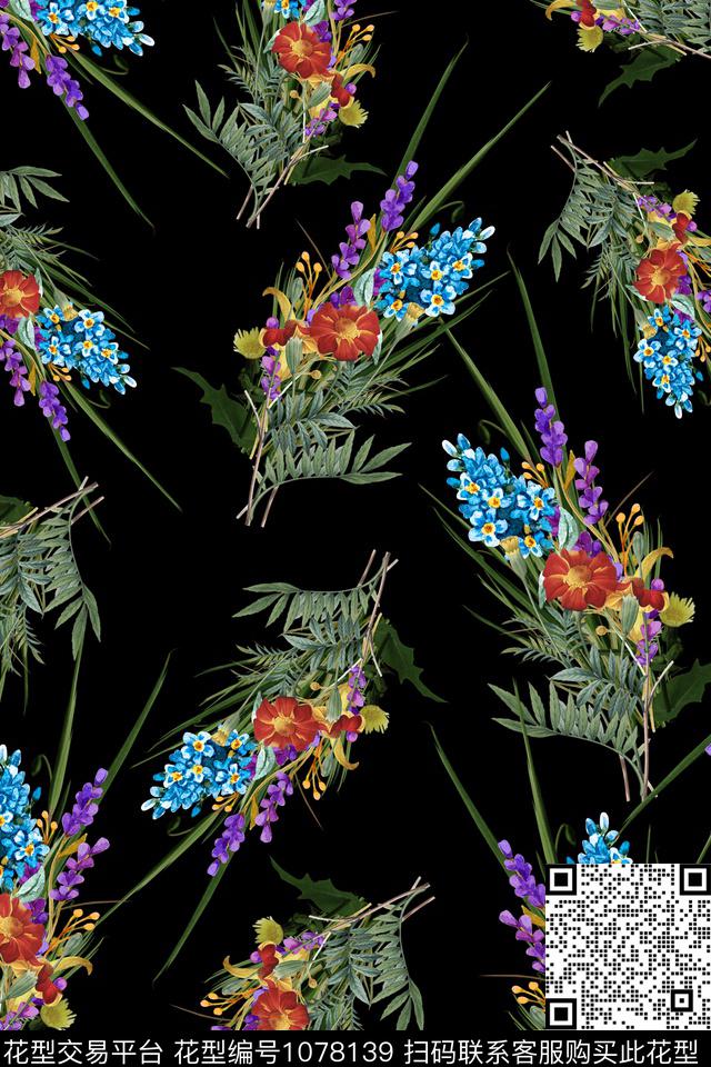 黑底花卉数码华亿平台民族风传统印花华亿平台下载（图片编号: 1078139） - 瓦栏（Walan）