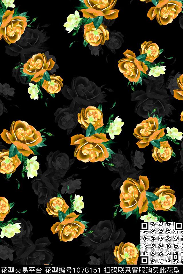 黑底花卉数码华亿平台民族风数码印花华亿平台下载（图片编号: 1078151） - 瓦栏（Walan）