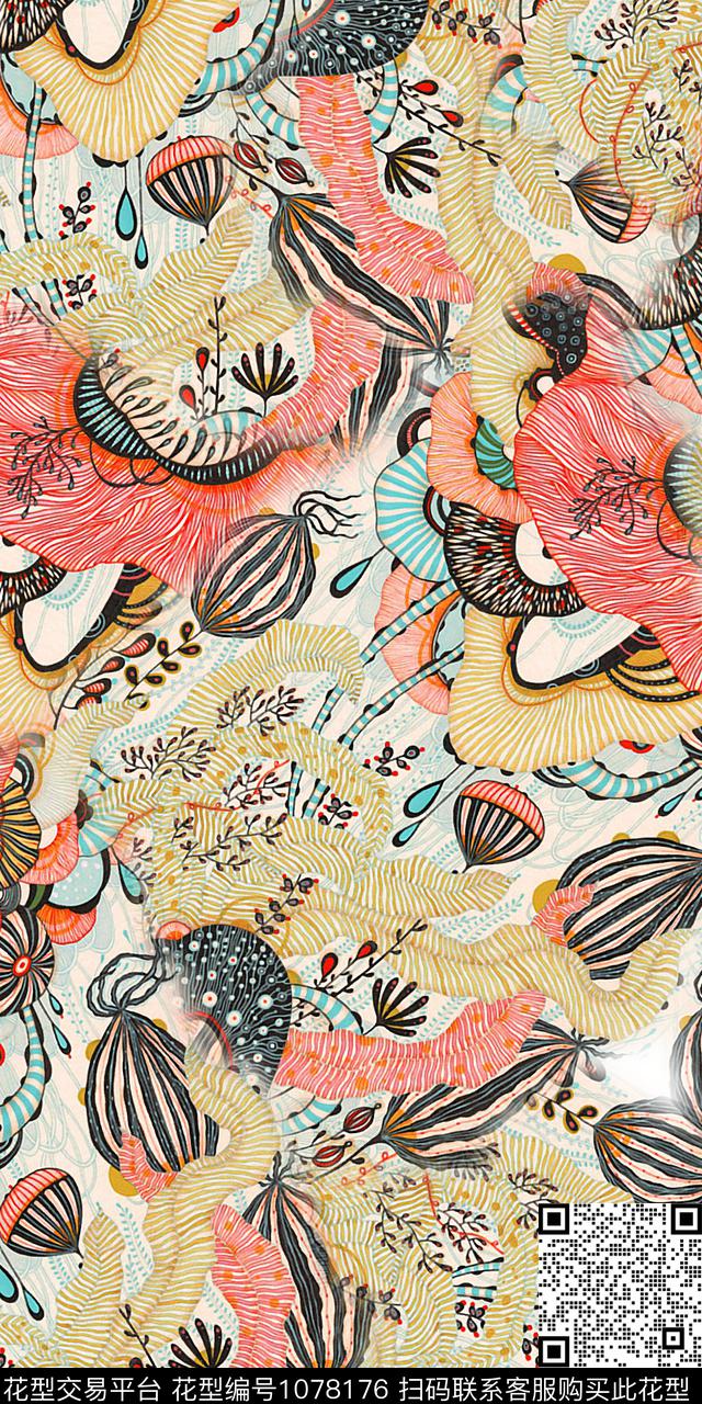 抽象花卉抽象手绘花卉数码印花华亿平台下载（图片编号: 1078176） - 瓦栏（Walan）