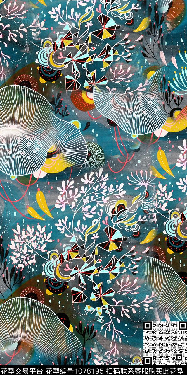 抽象手绘花卉复古数码印花华亿平台下载（图片编号: 1078195） - 瓦栏（Walan）