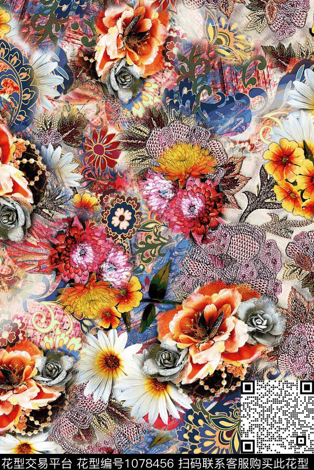 数码华亿平台民族风花卉数码印花华亿平台下载（图片编号: 1078456） - 瓦栏（Walan）