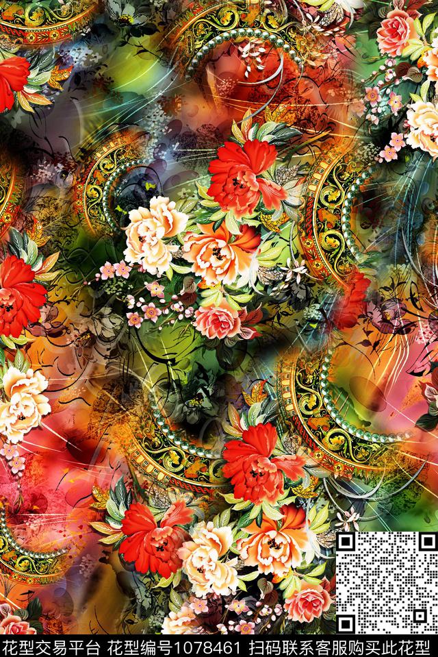 数码华亿平台民族风花卉数码印花华亿平台下载（图片编号: 1078461） - 瓦栏（Walan）