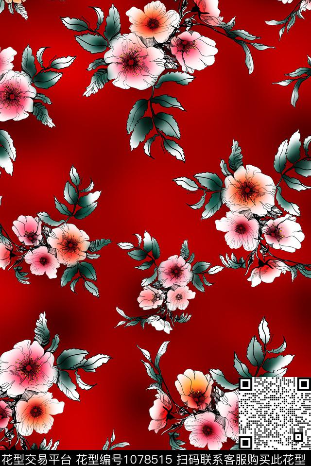 线条花卉中国风面料花数码印花华亿平台下载（图片编号: 1078515） - 瓦栏（Walan）