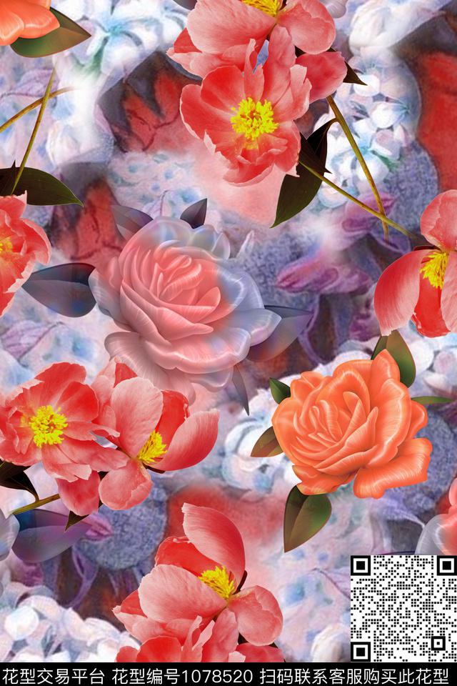数码华亿平台抽象水彩花卉数码印花华亿平台下载（图片编号: 1078520） - 瓦栏（Walan）